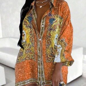 Orange Baroque Print Women's Top